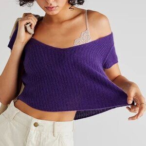 NEW Free People Cashmere Vneck Baby Tee XS Petunia Ribbed Knit Cropped